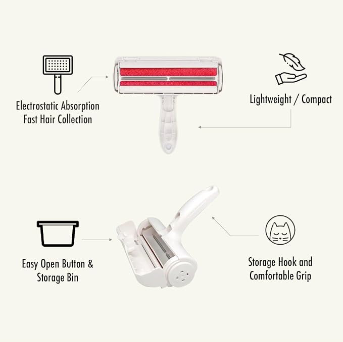Roller Pet Hair Remover and Reusable Lint Roller - Cat and Dog Hair Remover for Furniture, Carpet, Clothes, Bedding and Car Seats- Lightweight, Multi-Surface Fur Removal Tool (Red)
