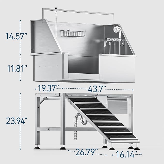 46" Dog Washing Station, 304 Stainless Steel, 440 lb, Side Ramp | hot cold faucet, fixed sprayer, shampoo dispenser, storage drawer, S-trap, hair filter, garage outdoor grooming