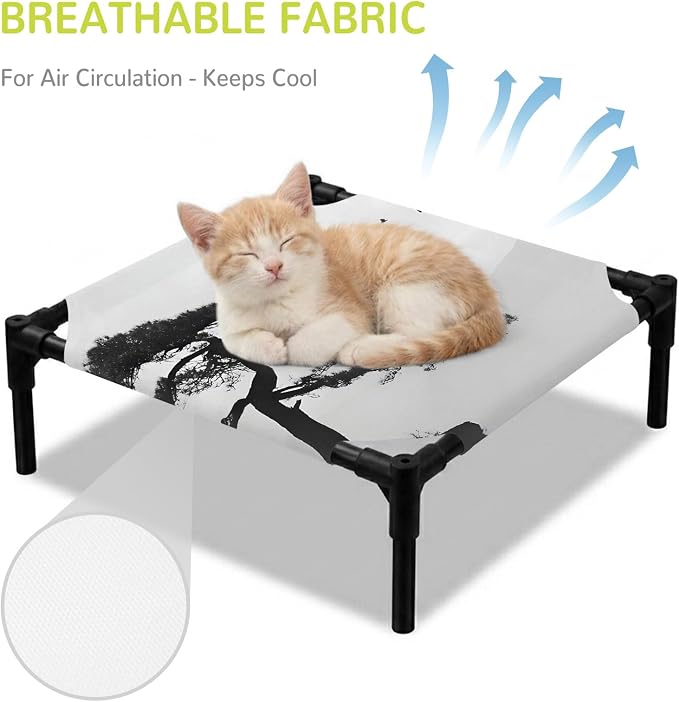 Outdoor Elevated Dog Bed for Small Dogs, Pine Trees Breathable Cooling Raised Dog Cot for Indoor/Outdoor, Modern Nature Foreset Mountains Birds Waterproof Elevated Pet Beds, S 20 x 20 in