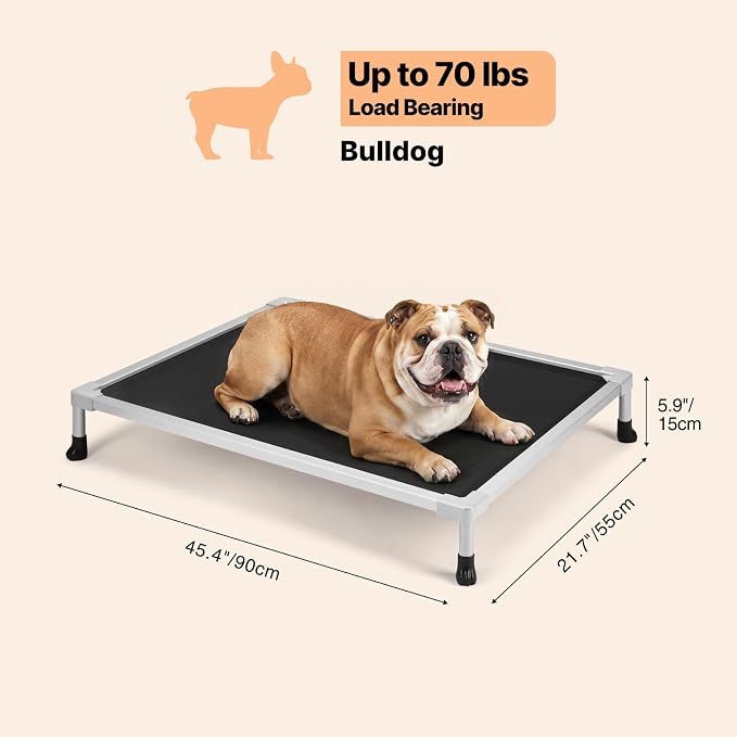 Veehoo Chew Proof Elevated Dog Bed, Silver Aluminum Dog Cot, Pre-Assembled | Cooling Raised Dog Bed for Small Medium Dogs, Indestructible Dog Bed for Crate, Breathbale, Non-Slip Feet, Indoor Outdoor