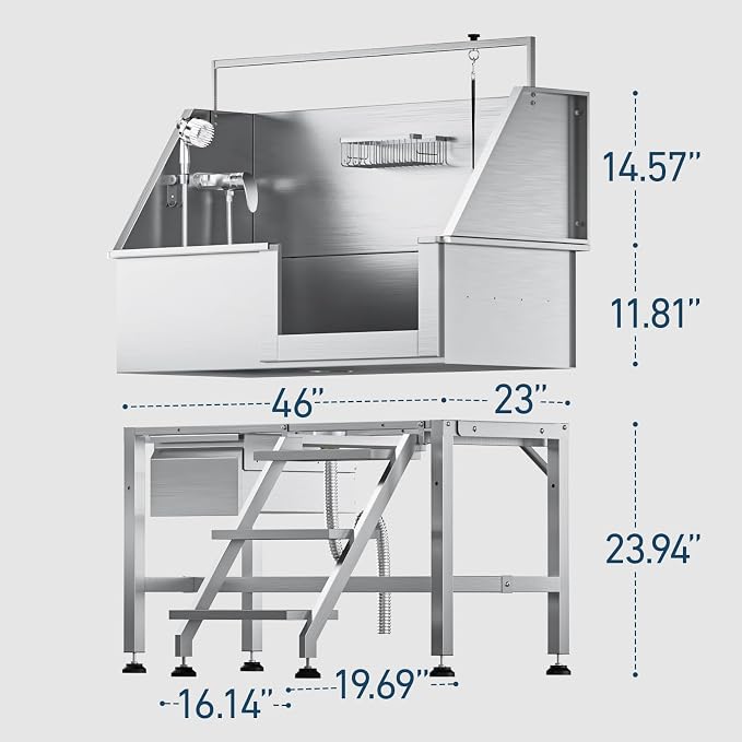 46" Dog Washing Station, Leak-Proof 304 Stainless Steel Dog Bathtub with Non-Slip Removable Left Ramp & Storage Drawer, Elevated Pet Wash Station for Large Dogs, Garage & Outdoor Use (Right Stair)