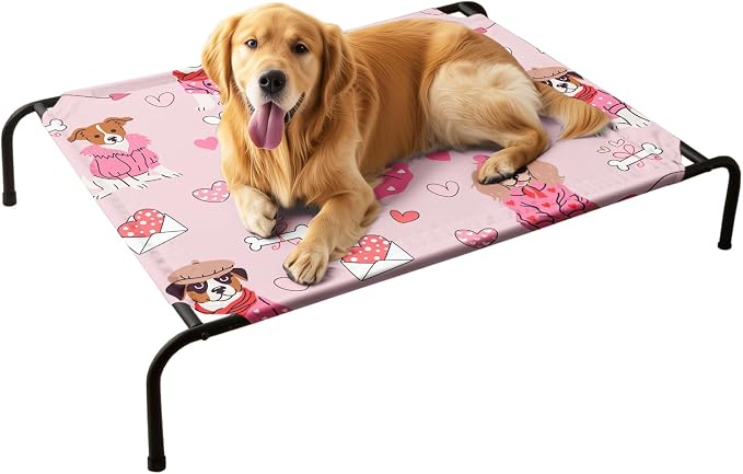 QOOMO Elevated Dog Bed with Cooling Fabric, Pet Cot for Small and Big Dogs, Indoor and Outdoor Use, Joint Relief, Cute Printed Cushion Included (Princess Dog, 47.24" L*31.89" W*9.45" Th)