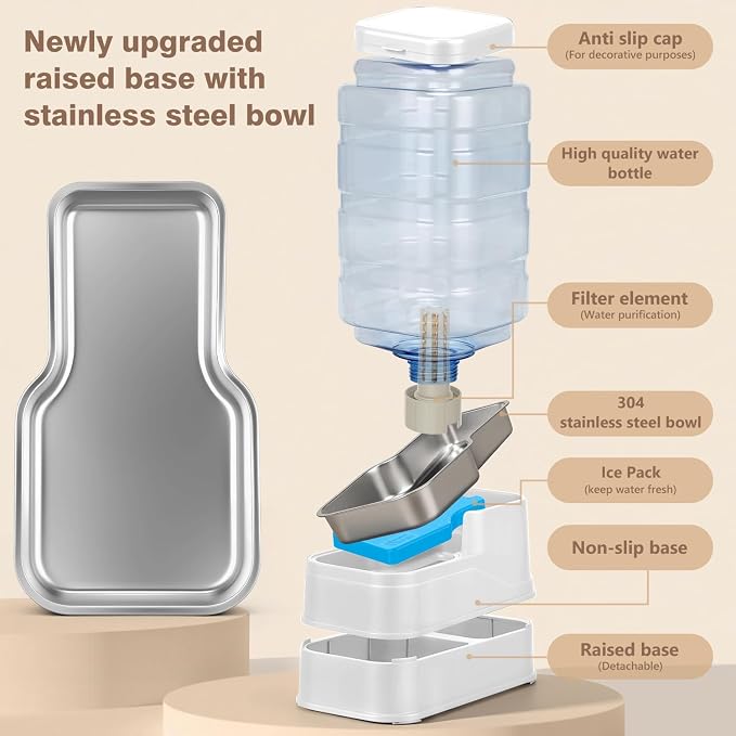 2.2 Gallon Pet Automatic Dog Water Dispenser Cat Gravity Waterer Feeder with Stainless Steel Bowl Large Capacity Puppy Feeding Raised Bowls with Filter,Ice Pack
