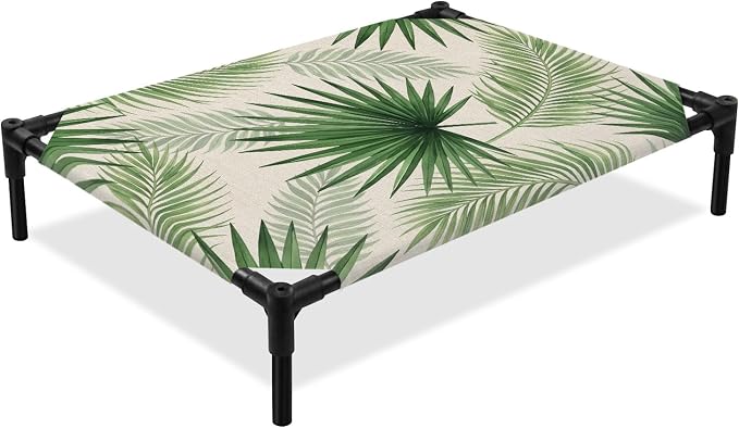 Outdoor Elevated Dog Bed for Large Dogs, Summer Leaves Breathable Cooling Raised Dog Cot for Indoor/Outdoor, Rustic Tropical Palm Leaf Plants Branches Waterproof Elevated Pet Beds, L 28 x 22 in
