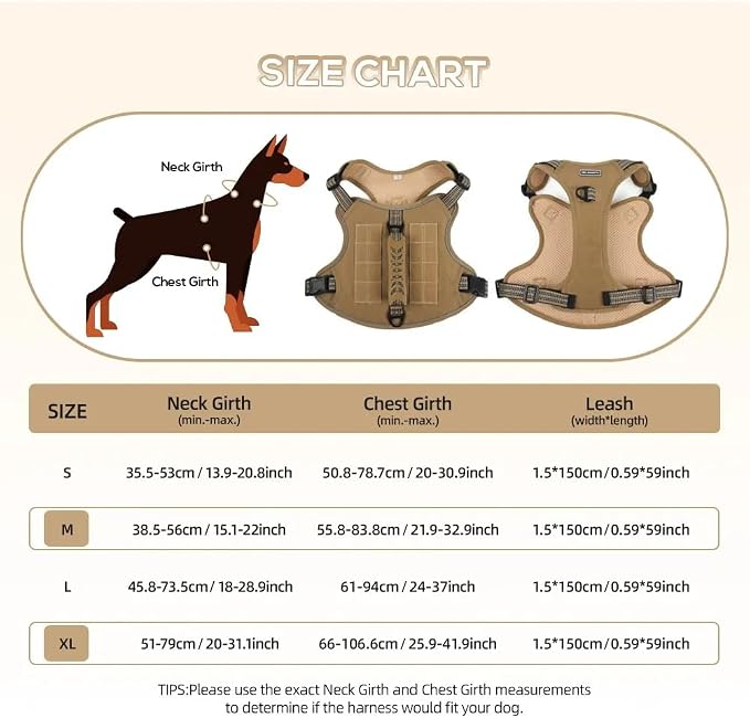 Tactical Dog Harness with Leash for Large Dogs, No Pull Adjustable Dog Harness, Reflective K9 Working Pet Vest for Walking, Training (Khaki, S)
