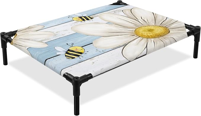 Outdoor Elevated Dog Bed for Medium Dogs, White Daisy Rustic Breathable Cooling Raised Dog Cot for Indoor/Outdoor, Pastoral Flowers Honeybees Blue Wood Waterproof Elevated Pet Beds, M 24 x 20 in
