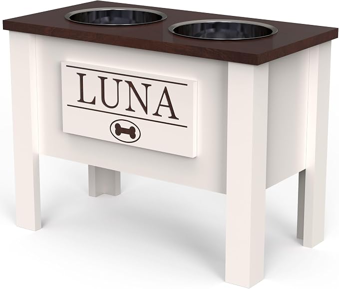 Elevated Dog Bowls for Large Dogs, Personalized Food Stand for Large Breed | Farmhouse Style, Elevated Wood Stand, Storage Container, Stainless Steel Bowls, Raised Anti-Slip Feeder, Made in USA