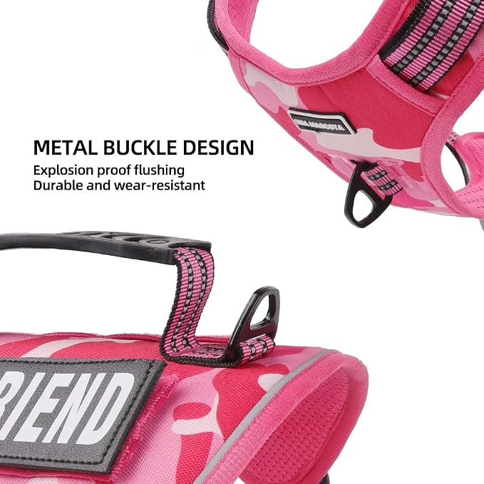 Tactical Dog Harness with Leash for Large Dogs, No Pull Adjustable Dog Harness, Reflective K9 Working Pet Vest for Walking, Training (Fuchsia Camo, XL)