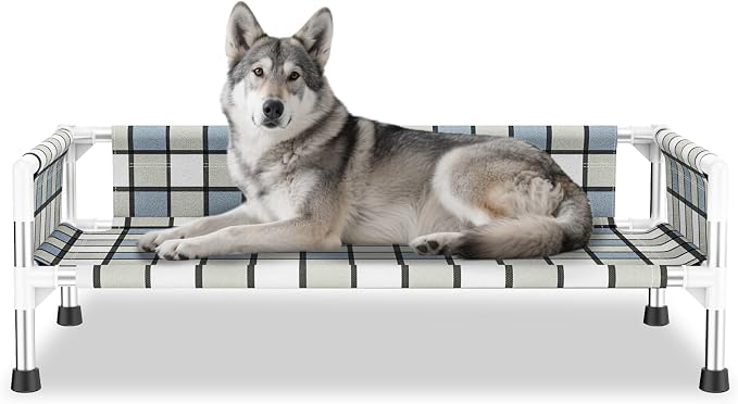 Elevated Dog Bed with with Guardrail, Raised 3-Fence Dog Hammock Bed | Breathable Lifted Stainless Steel Frame Dog Bed for Medium Pets, Cooling Washable Dog Cot