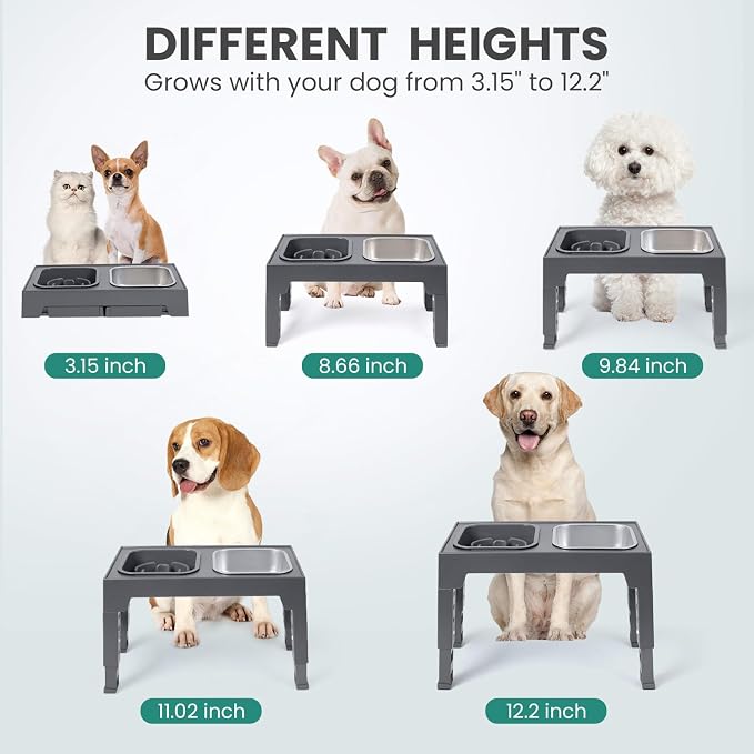 Elevated Dog Bowls, with Slow Feeder Bowl and Stainless Steel Dog Food Bowl, Raised Dog Bowls Adjusts to 5 Heights (3.15", 8.66", 9.84",11.02", 12.2") for Small Medium and Large Dogs
