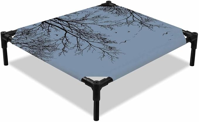 Outdoor Elevated Dog Bed for Small Dogs, Blue Black Branches Breathable Cooling Raised Dog Cot for Indoor/Outdoor, Botanical Dead Tree Birds Waterproof Elevated Pet Beds, S 20 x 20 in
