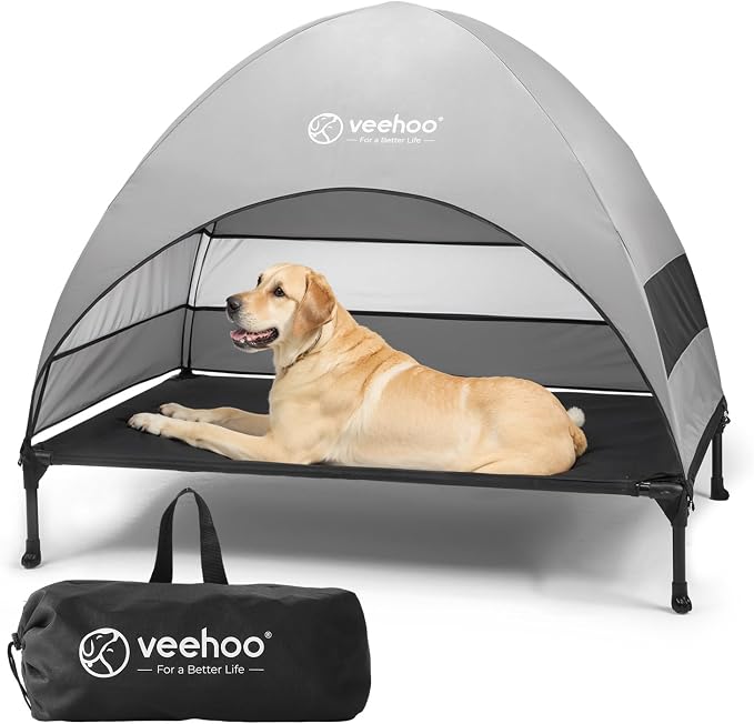 Veehoo Outdoor Dog Bed with Canopy, Cooling Elevated Dog Shade for Outside | Portable Raised Dog Cot with Removable Shade, Sun Protection Dog Tent Outdoor for Camping, Beach, 42" x 33.5", Black