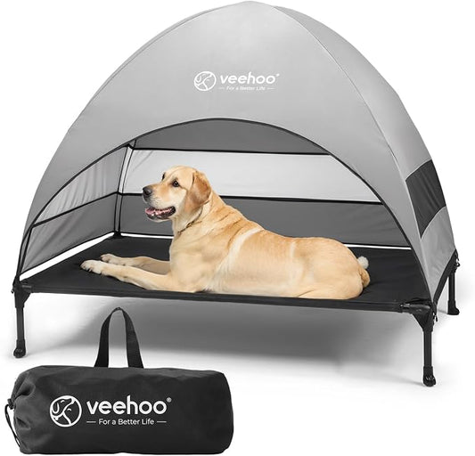 Veehoo Outdoor Dog Bed with Canopy, Cooling Elevated Dog Shade for Outside | Portable Raised Dog Cot with Removable Shade, Sun Protection Dog Tent Outdoor for Camping, Beach, 42" x 33.5", Black