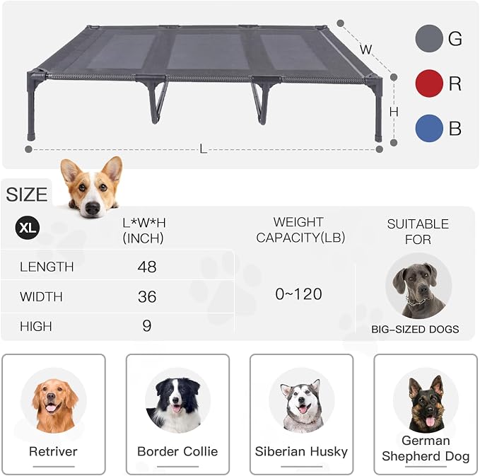 Elevated Dog Bed for Large Dogs 120lb, Breathable Cooling Raised Dog Cot with Dual Support Bars & Metal Frame, No-Slip Feet, Waterproof Pet Bed for Indoor/Outdoor, X-Large, 48 * 36 * 9in, Grey