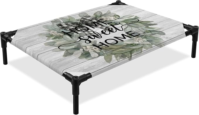 Outdoor Elevated Dog Bed for Medium Dogs, Farmhouse Leaves Breathable Cooling Raised Dog Cot for Indoor/Outdoor, Florals Country Vintage Gray Wood Waterproof Elevated Pet Beds, M 24 x 20 in