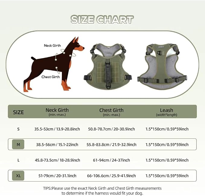 Tactical Dog Harness with Leash for Large Dogs, No Pull Adjustable Dog Harness, Reflective K9 Working Pet Vest for Walking, Training (Army Green, L)