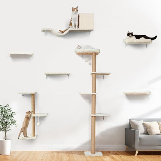 FUKUMARU Cat Wall Shelves, Stable & Safe 7 in 1 Cat Furniture Set, Wooden Climbing Wall with Scratching Post for 16 Inch Drywall - Beige