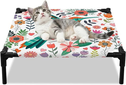 Outdoor Elevated Dog Bed for Small Dogs, Birds Flowers Breathable Cooling Raised Dog Cot for Indoor/Outdoor, Cartoon Sunny Colorful Botanical Floral Waterproof Elevated Pet Beds, S 20 x 20 in