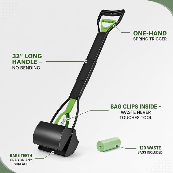 Furfusion Pooper Scooper for Large Dogs – 32" Long Handle No-Bend Dog Poop Picker Upper with 120 Waste Bags – Heavy Duty Foldable One-Hand Scoop for Grass, Gravel, Yard & Walks