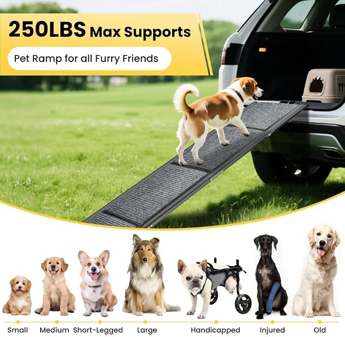 Dog Ramp for Car & SUV with Non-Slip Rug Surface – Lightweight & Foldable Pet Ramp for Dogs, Includes 4 Towels & 2 LED Lights, Safe for Cars, Trucks, Beds, Couches & Stairs