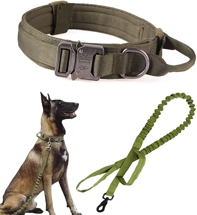 Tactical Dog Collar and Leash Set for Large Dogs with Control Handle，Green | 1000D Heavy-Duty Nylon Fabric,Quick-Release Metal Buckle,Adjustable Fit,Soft-Padded Webbing,D-Ring,for Training & Hiking,XXL