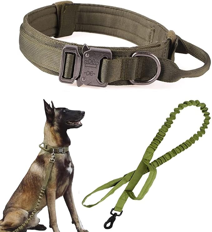 Tactical Dog Collar and Leash Set Adjustable Military Nylon Dog Collar with Control Handle and Heavy Duty Metal Buckle for Large Dogs（Green XL | 1000D Heavy-Duty Nylon Fabric,Quick-Release Metal Buckle,Adjustable Fit,Soft-Padded Webbing,D-Ring,for Trai...