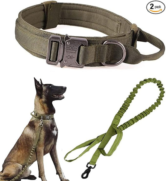 Tactical Dog Collar and Leash Set for Large Dogs with Control Handle，Green | 1000D Heavy-Duty Nylon Fabric,Quick-Release Metal Buckle,Adjustable Fit,Soft-Padded Webbing,D-Ring,for Training & Hiking,M