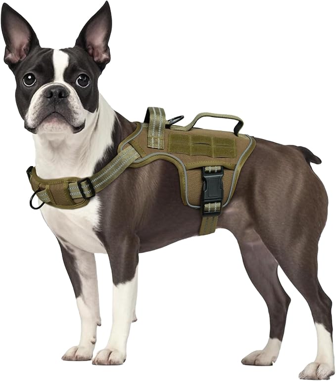 Dog Harness, Tactical No Pull for Small Sized Dog with Handle | Breathable Soft Padded, Adjustable, Reflective, Molle System, Heavy Duty, No Choke for Walking Training, Khaki Small