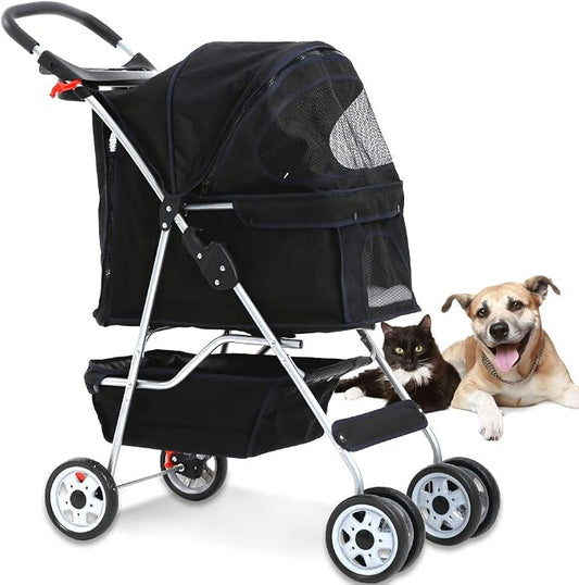 4 Wheel Pet Stroller Cat Dog Cage Stroller Travel Folding Carrier with Cup Holder and Removable Lining for Small and Medium Dogs, Cats (Black)