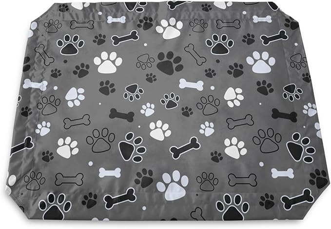 QOOMO Elevated Dog Bed with Cooling Fabric, Pet Cot for Small and Big Dogs, Indoor and Outdoor Use, Joint Relief, Cute Printed Cushion Included (Black Paw Prints, 35.43" L*25.59" W*8.27" Th)