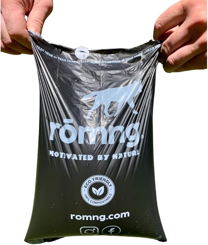 ROMNG Compostable Dog Poop Bags, Plant-Based, TUV Certified, Unscented, Leak-Proof, 6 Rolls, 90 Bags, Black