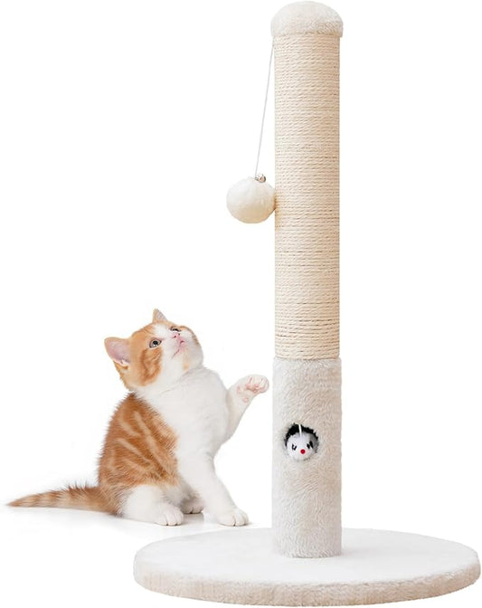 Woochpet Cat Scratching Post for Kitten, 23in Tall Cute Small Cat Scratching Post with Premium Sisal Rope and Dangling Cat Toy Balls (White)