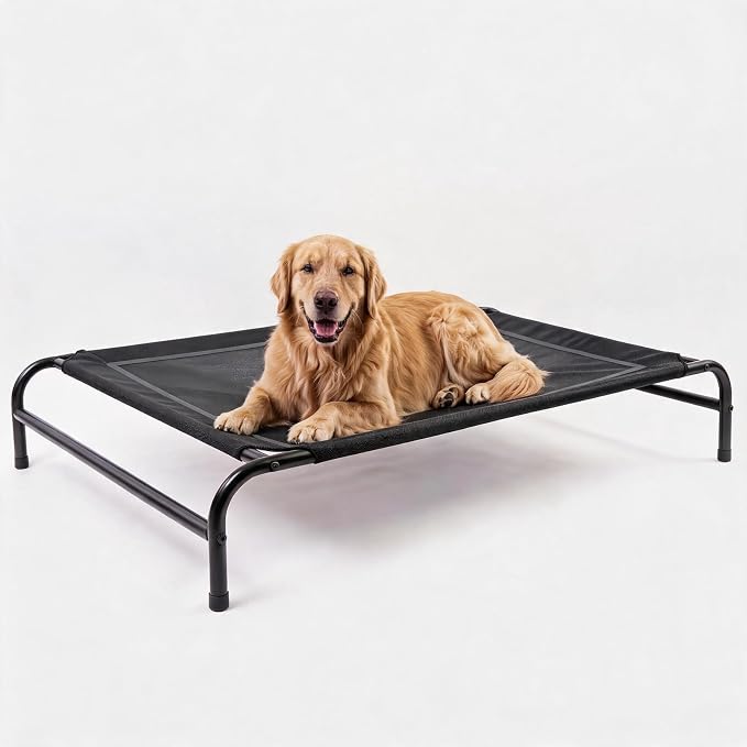 MICOOYO Outdoor Dog Bed, Elevated Dog Bed Raised Dogs Bed with Breathable & Washable Mesh, No-Slip Feet, Easy Clean, Chew Proof, Portable Dog Cot for Indoor & Outdoor Use, 43" x 31" x 8", Black