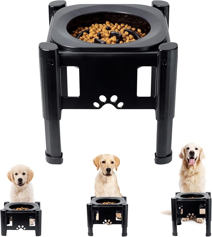 Elevated Slow Feeder Bowls - Adjustable Raised Dog & Cat Bowl | 3 Heights (6.1", 7.7", 9.3") for Medium & Small Pets, Mess Proof & Non-Slip Dish Feeder