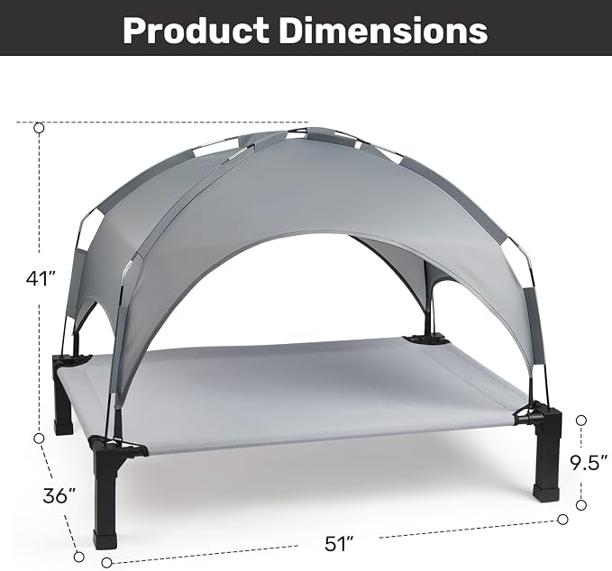Elevated Dog Bed with Removable Canopy, Sun Protection Shade Tent Dog Cot | Portable Outdoor Dog Bed, Raised Pet Cooling Cot Bed for Dogs, 51in