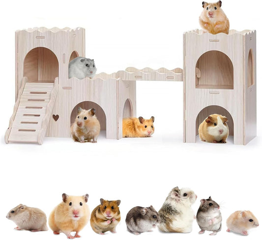 Large Wooden Hamster House Castle with Double Decker,Large Hamster, Wooden Hamster Houses,Dwarf Hamster Habitat Hideout with Climbing Ladder,Large Guinea Pig Castle Detachable Hideouts(B)