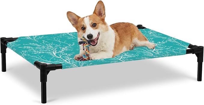Outdoor Elevated Dog Bed for Large Dogs, Teal Botanical Breathable Cooling Raised Dog Cot for Indoor/Outdoor, Vintage Floral Plants Branch Waterproof Elevated Pet Beds, L 28 x 22 in
