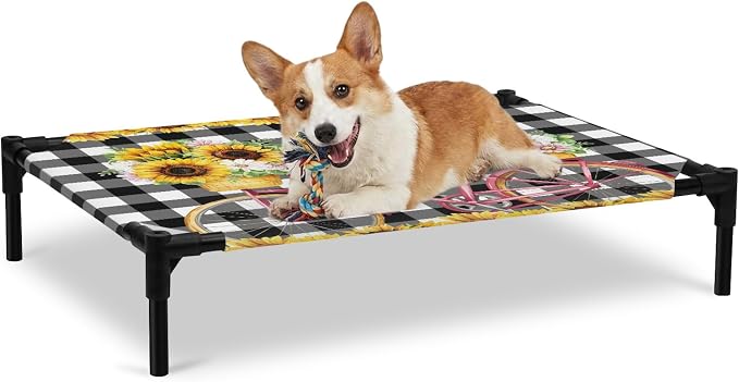 Outdoor Elevated Dog Bed for Large Dogs, Sunflowers Bicycle Breathable Cooling Raised Dog Cot for Indoor/Outdoor, Summer Budding Botanical Floral Lattice Waterproof Elevated Pet Beds, L 28 x 22 in