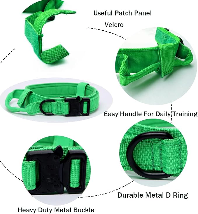 Tactical Dog Collar for Large Dogs with Control Handle,Bright Green,M | 1000D Heavy-Duty Nylon Fabric,Quick-Release Metal Buckle,Adjustable Fit,Soft-Padded Webbing,D-Ring,for Training & Hiking