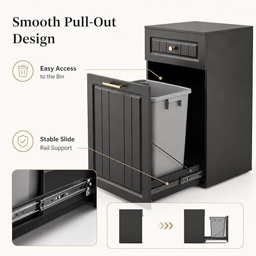 13 Gallon Pull Out Trash Can Cabinet with Drawer | Hidden Wooden Garbage Cabinet for Kitchen, Freestanding Modern Farmhouse Waste Bin Holder, Black