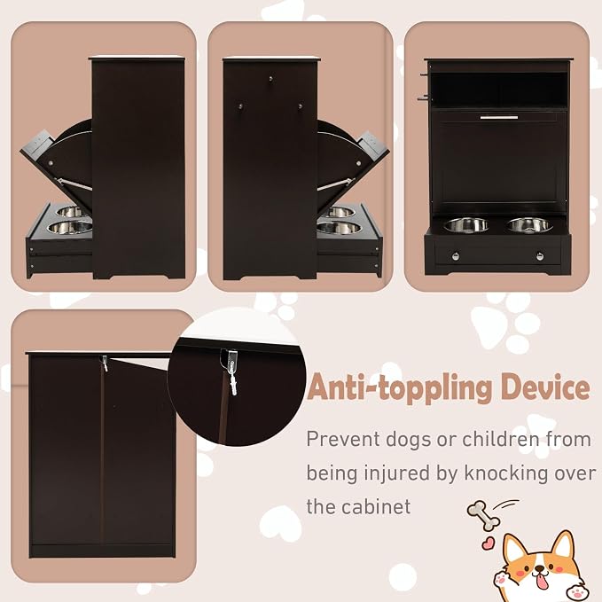 Dog Food Cabinet Feeding Station with 2 Raised Bowls, Pull Out Elevated Dog Bowl, Storage, 3 Hangers, Pet Feeder Toy Leashes Organizer, Brown