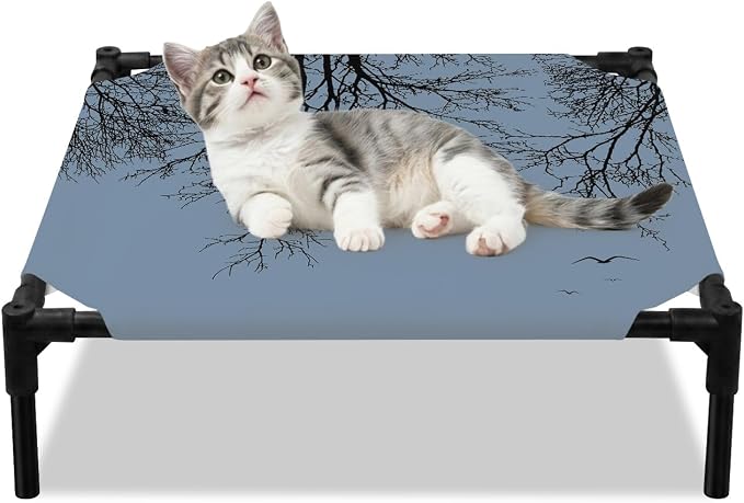 Outdoor Elevated Dog Bed for Small Dogs, Blue Black Branches Breathable Cooling Raised Dog Cot for Indoor/Outdoor, Botanical Dead Tree Birds Waterproof Elevated Pet Beds, S 20 x 20 in