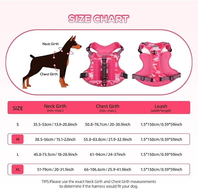 Tactical Dog Harness with Leash for Large Dogs, No Pull Adjustable Dog Harness, Reflective K9 Working Pet Vest for Walking, Training (Fuchsia Camo, M)