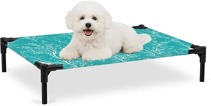 Outdoor Elevated Dog Bed for Medium Dogs, Teal Botanical Breathable Cooling Raised Dog Cot for Indoor/Outdoor, Vintage Floral Plants Branch Waterproof Elevated Pet Beds, M 24 x 20 in