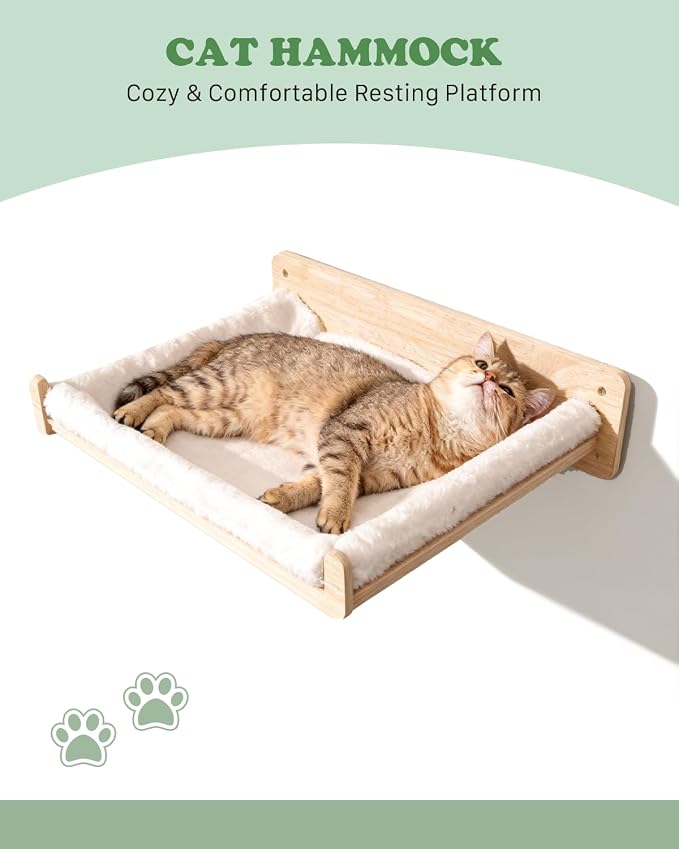 6 in 1 Solid Wood Cat Wall Shelves for Play & Rest, up to 33 lbs | Space-Saving, Cat Wall Furniture Set with Cat Bridge, Wall Condo, Hammock, Steps, Climbing Post & Scratching Pad
