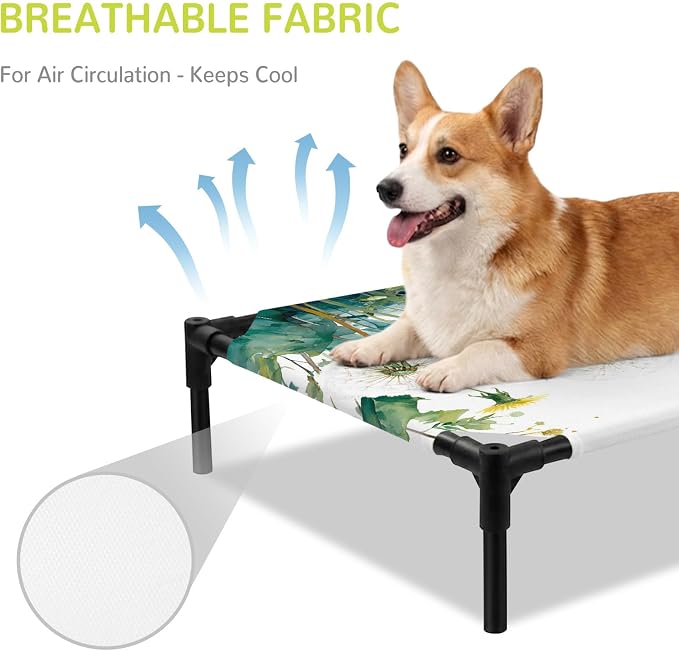 Outdoor Elevated Dog Bed for Medium Dogs, Hanging Dandelions Breathable Cooling Raised Dog Cot for Indoor/Outdoor, Green Leaves Botanical Flower Minimalist Waterproof Elevated Pet Beds, M 24 x 20 in