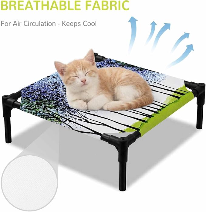 Outdoor Elevated Dog Bed for Small Dogs, Blue Green Forest Breathable Cooling Raised Dog Cot for Indoor/Outdoor, Modern Nature Tree Branch Landscape Waterproof Elevated Pet Beds, S 20 x 20 in