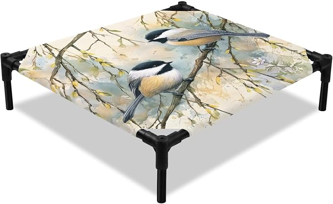 Outdoor Elevated Dog Bed for Small Dogs, Birds Branches Breathable Cooling Raised Dog Cot for Indoor/Outdoor, Country Elegant Pastoral Floral Waterproof Elevated Pet Beds, S 20 x 20 in