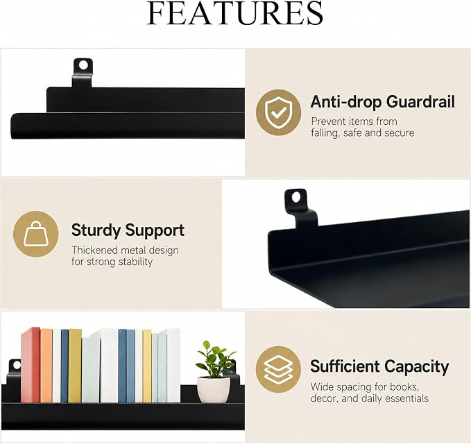Floating Shelves for Wood Wall Panels,Metal Shelf for Storage Display,2pk | 8x4 Inch and 12x4.8 Inch,Black,Shelf Accessories,Wall Shelves Holder