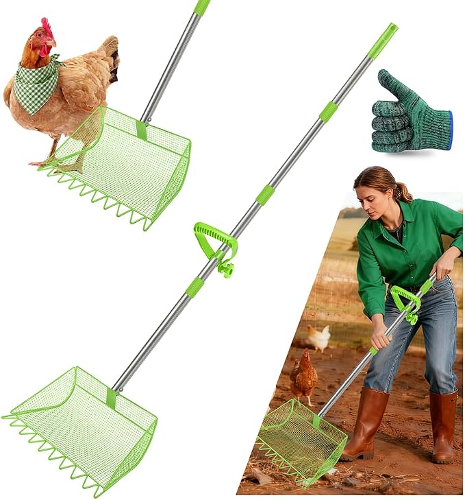 2-in-1 Chicken Coop Scooper: Extra Large 12” Poop Scooper & Rake with Adjustable Handle (37”-65”) | Heavy-Duty Metal Shovel for Quick Pet Waste, Rabbit, Guinea, Barn Cleaning | US Patent Pending,Green